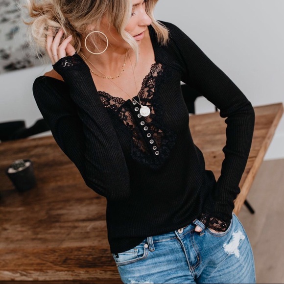 Tops - LAST‼️Lace me Up Henley-Black